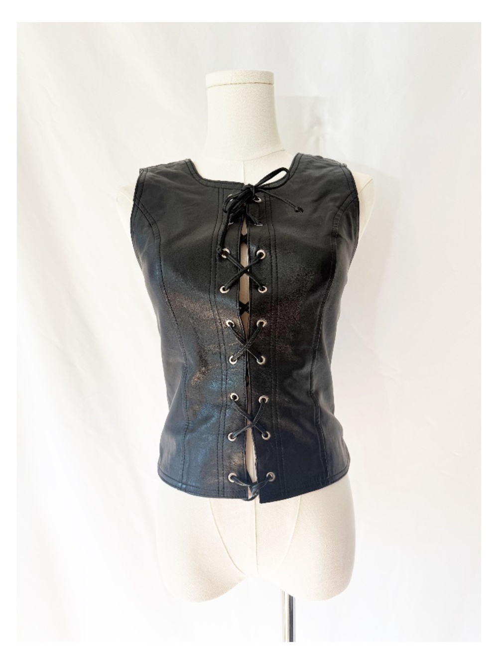 Black Leather Lace up Vest Corset Style Biker Top
